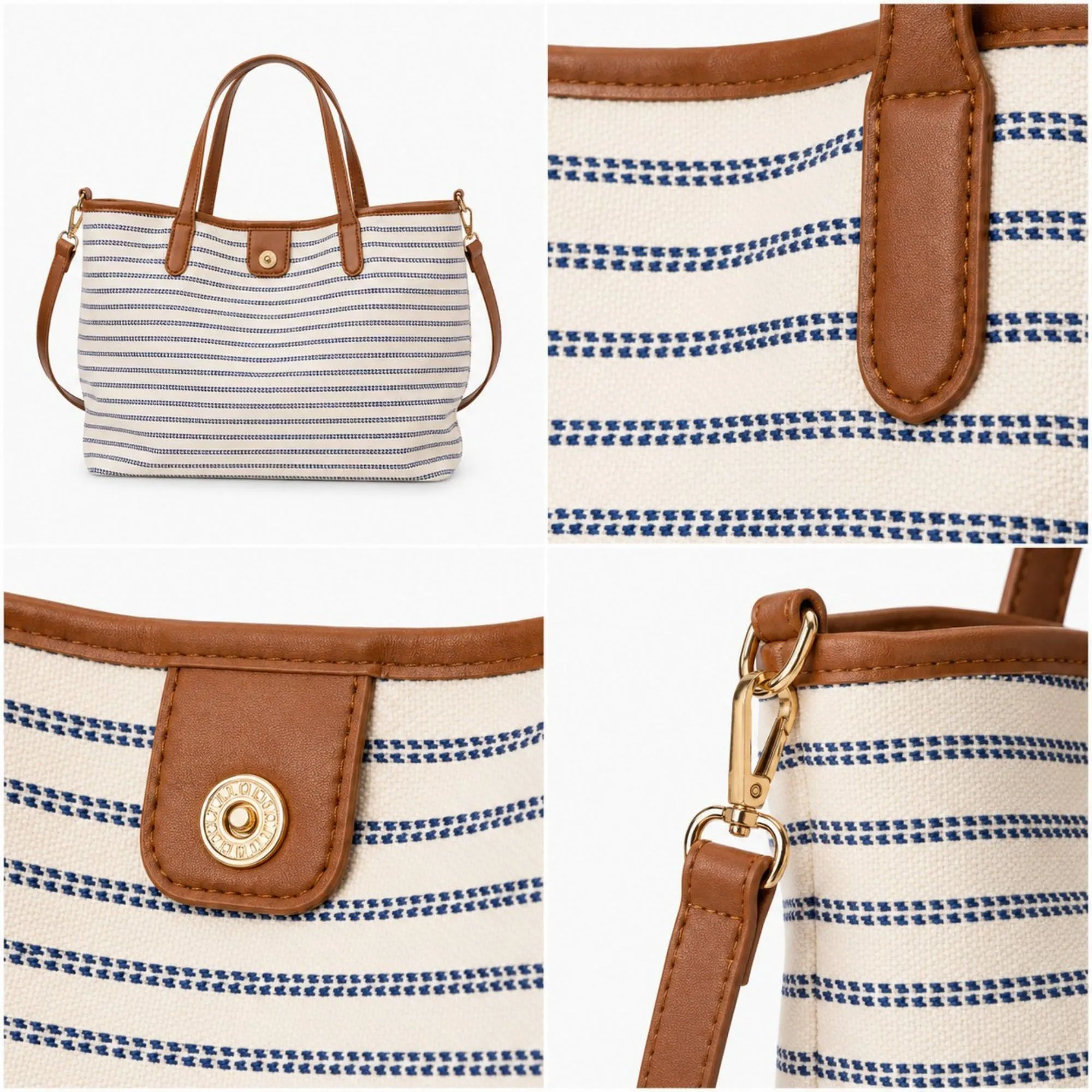 Striped Canvas Tote Bag with Faux Leather Trim and Large Capacity sold by Anna-Kaci product image thumbnail 4