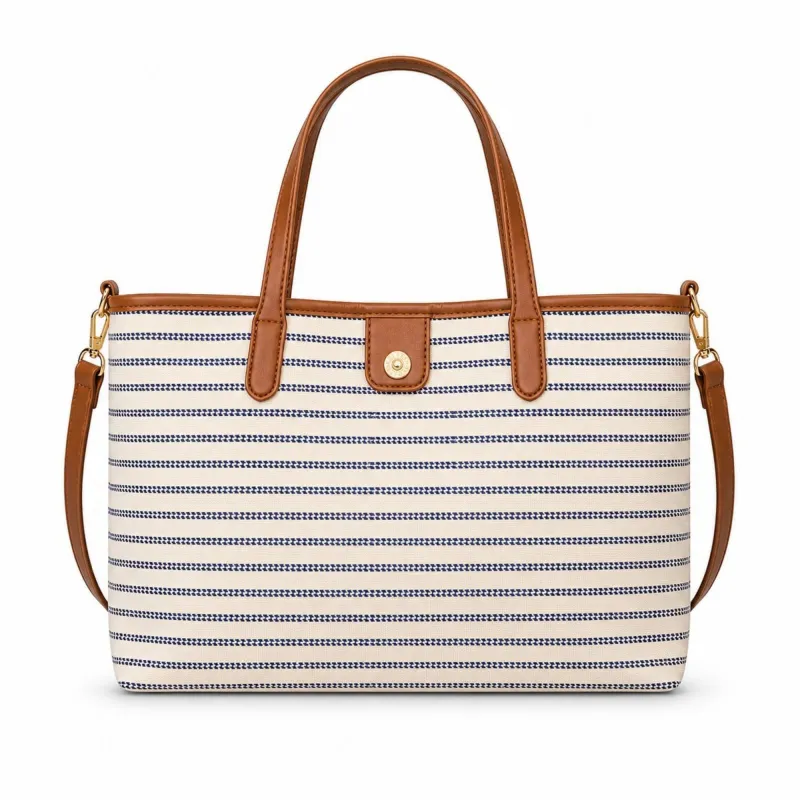 Striped Canvas Tote Bag with Faux Leather Trim and Large Capacity made by Anna-Kaci