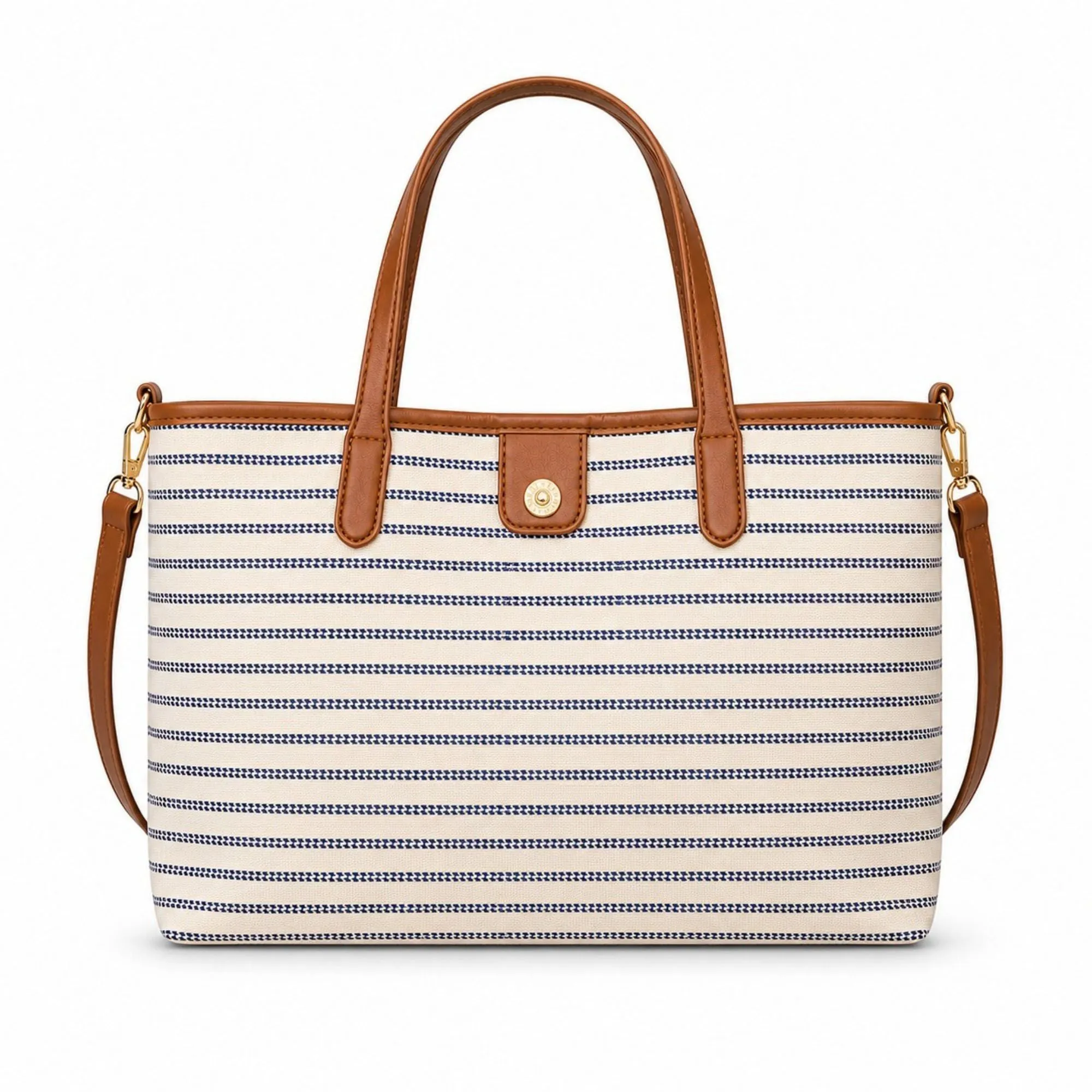 Striped Canvas Tote Bag with Faux Leather Trim and Large Capacity sold by Anna-Kaci