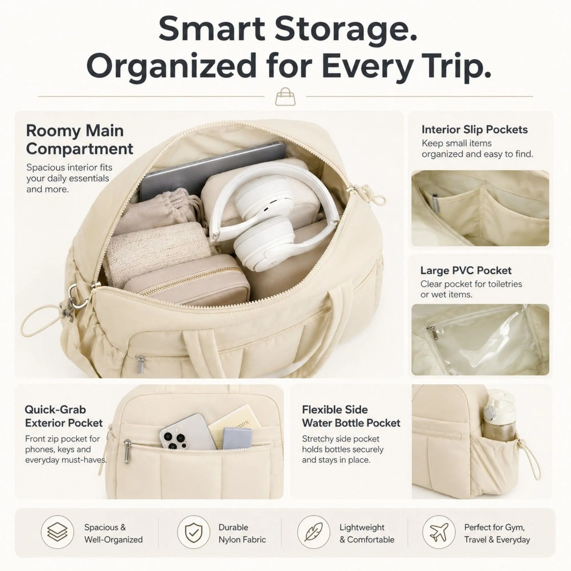 Nylon Travel Tote Gym Bag with Pockets and Shoulder Handles sold by Anna-Kaci product image thumbnail 3