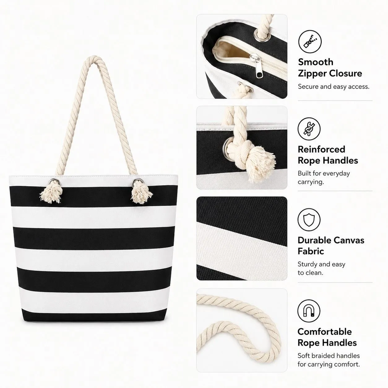 Striped Canvas Beach Tote Bag with Zip Closure and Rope Shoulder Handles sold by Anna-Kaci product image thumbnail 4