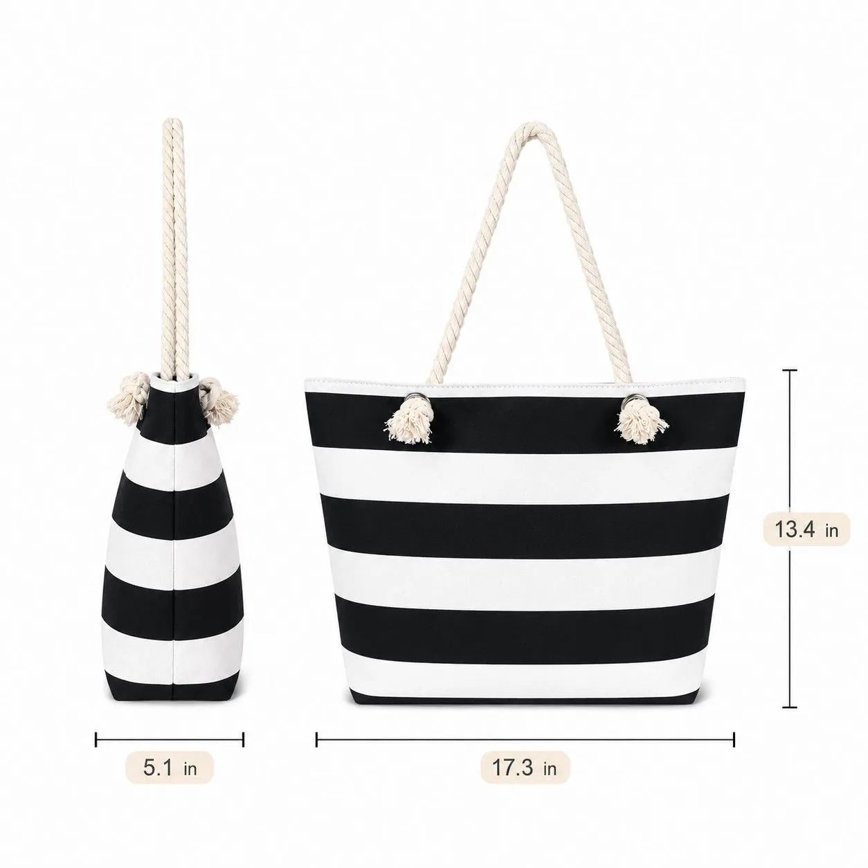 Striped Canvas Beach Tote Bag with Zip Closure and Rope Shoulder Handles sold by Anna-Kaci product image thumbnail 5