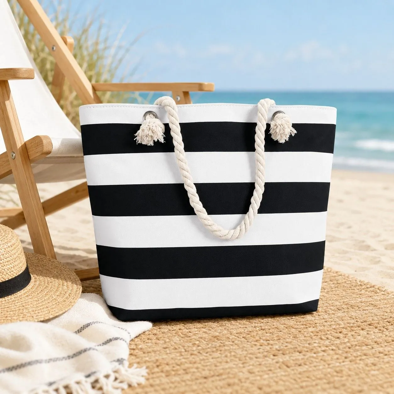 Striped Canvas Beach Tote Bag with Zip Closure and Rope Shoulder Handles sold by Anna-Kaci product image thumbnail 3