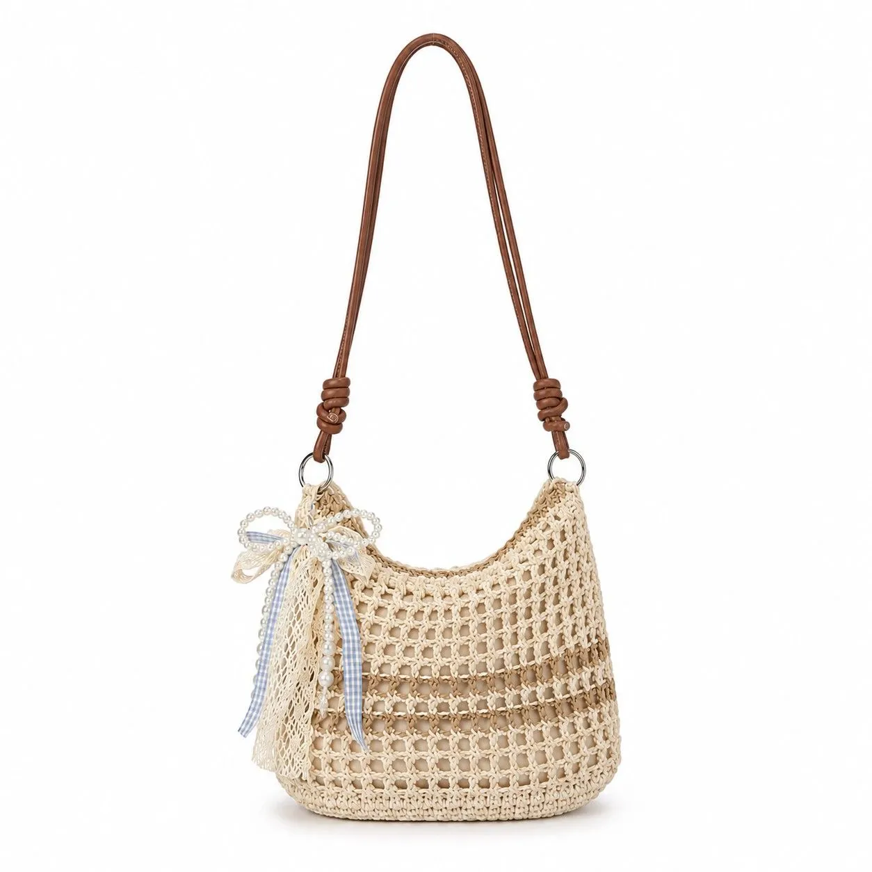 Decorative Woven Crossbody Bag with Pearl Charm, Scarf Accent and Zip Closure sold by Anna-Kaci