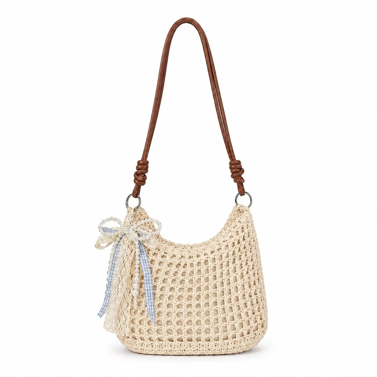 Decorative Woven Crossbody Bag with Pearl Charm, Scarf Accent and Zip Closure sold by Anna-Kaci product image thumbnail 5