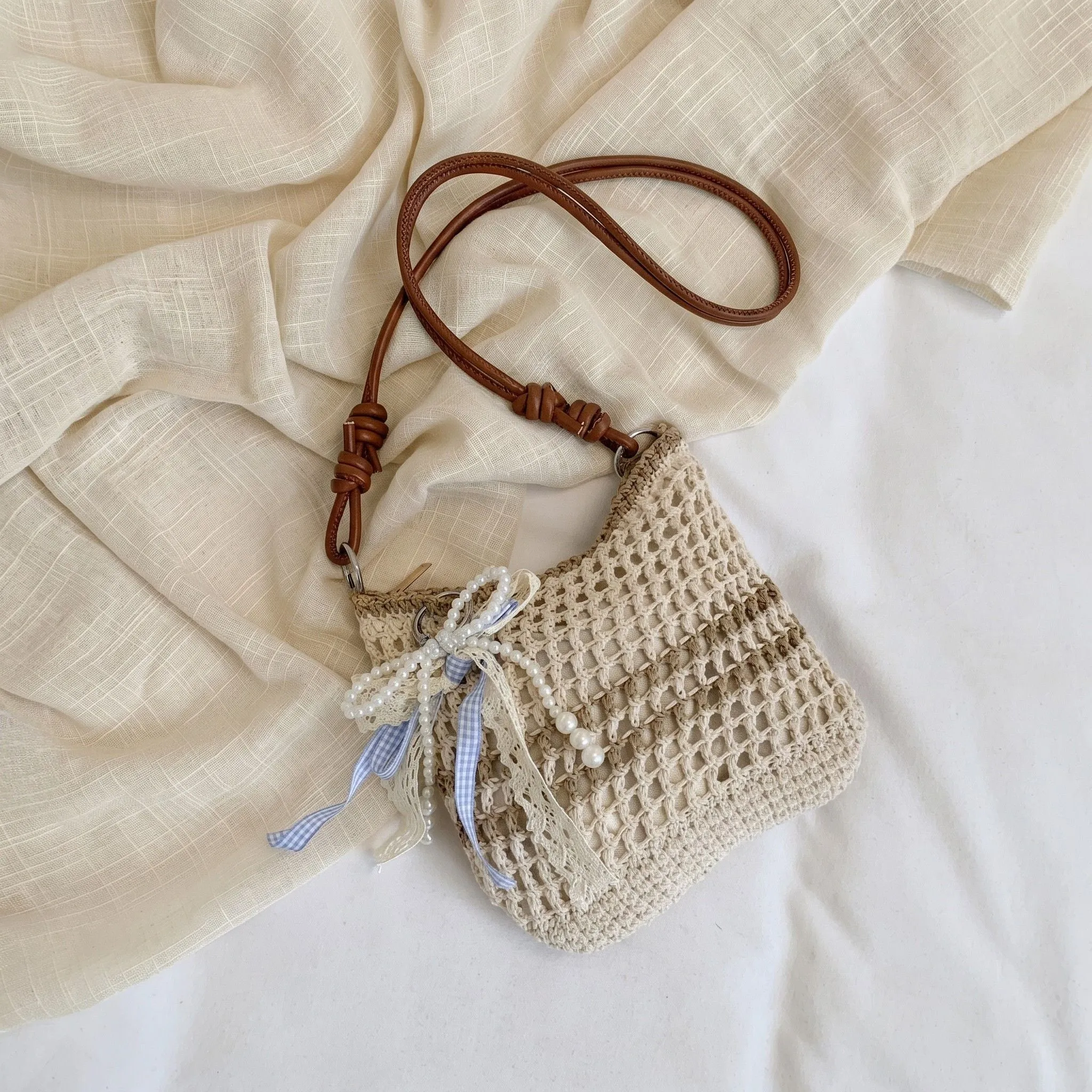 Decorative Woven Crossbody Bag with Pearl Charm, Scarf Accent and Zip Closure sold by Anna-Kaci product image thumbnail 2