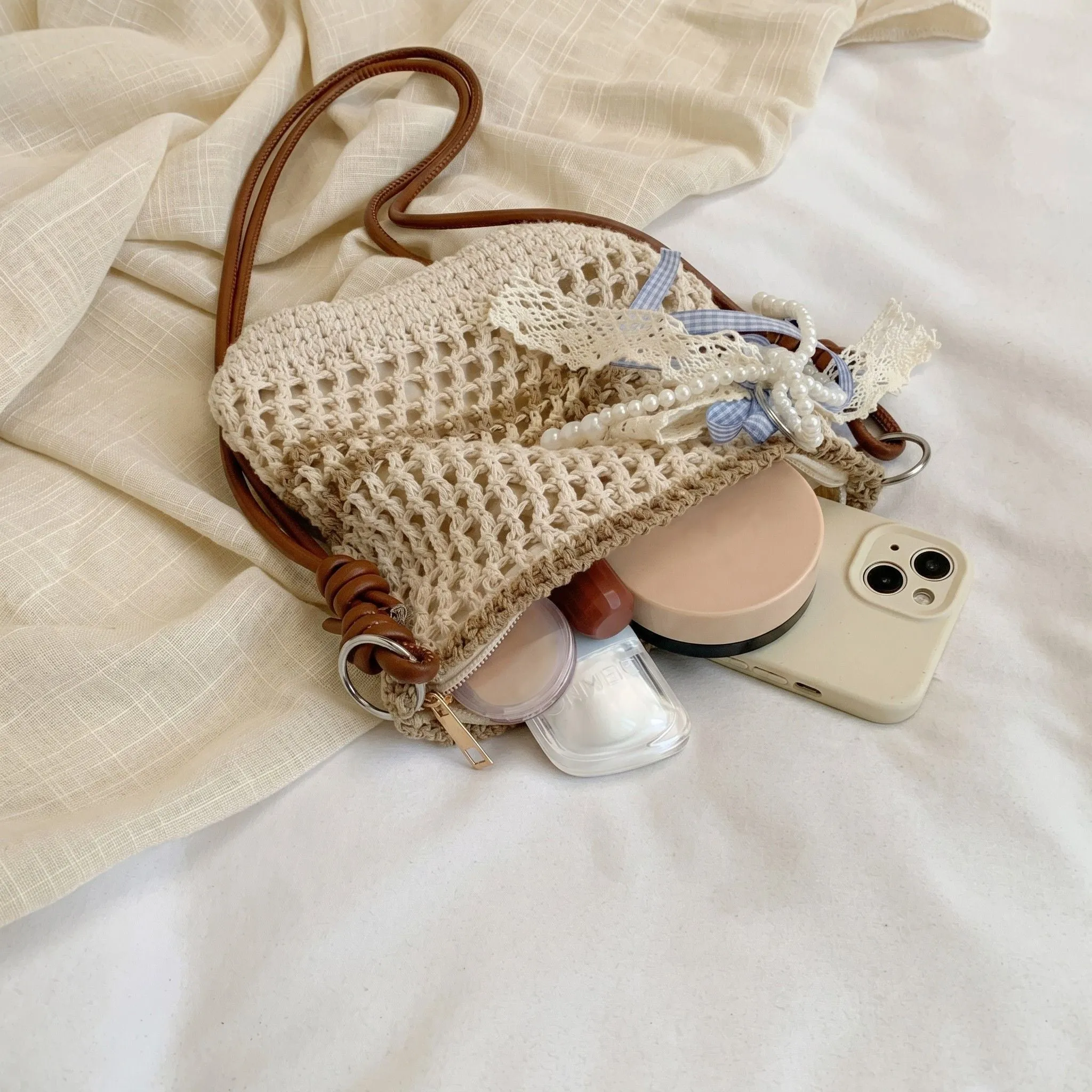 Decorative Woven Crossbody Bag with Pearl Charm, Scarf Accent and Zip Closure sold by Anna-Kaci product image thumbnail 3