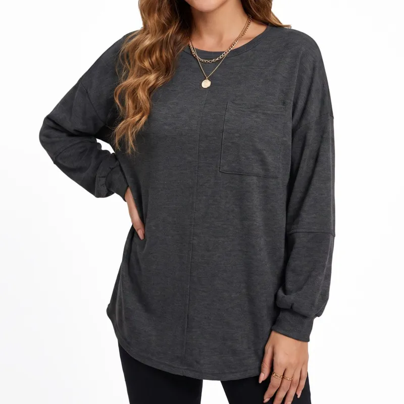 Oversized Long Sleeve Crew Neck Pocket Tunic Top made by Anna-Kaci