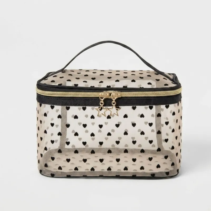 Heart Print Mesh Makeup Bag Large Travel Cosmetic Toiletry Organizer with Handle made by Anna-Kaci