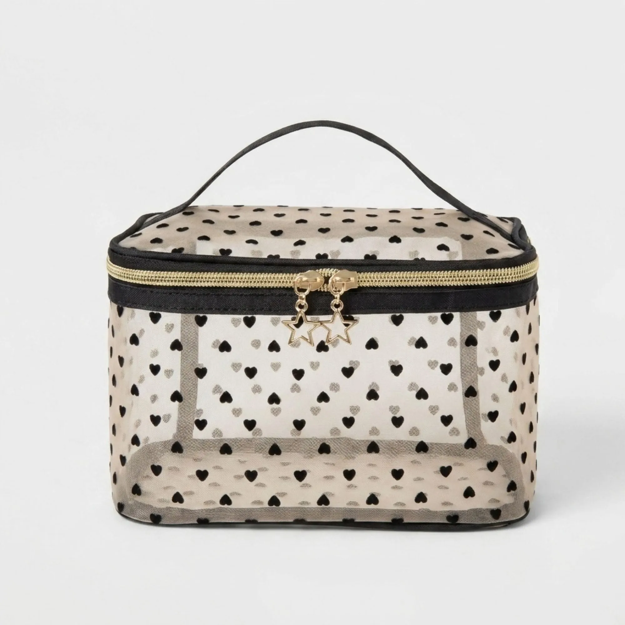 Heart Print Mesh Makeup Bag Large Travel Cosmetic Toiletry Organizer with Handle sold by Anna-Kaci