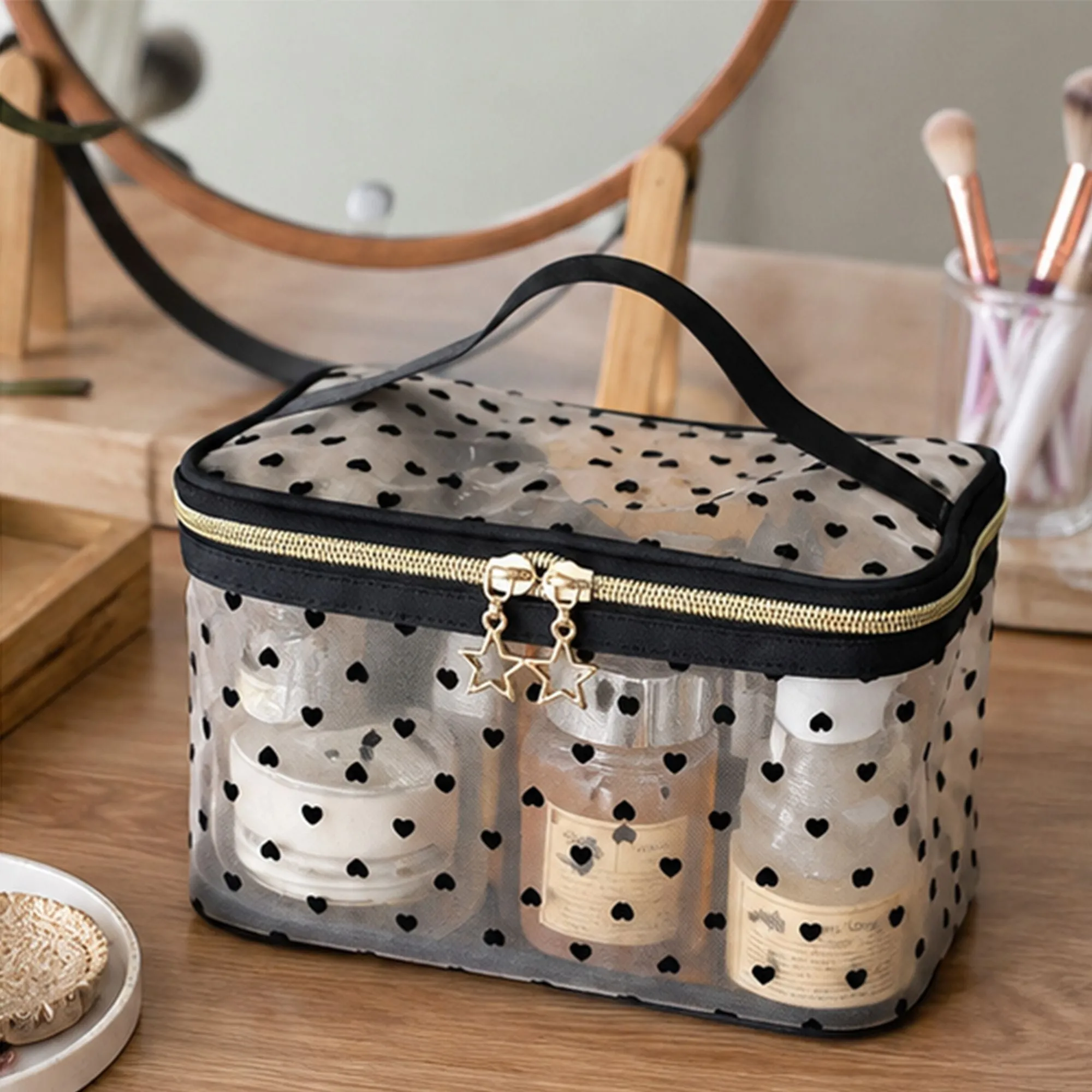 Heart Print Mesh Makeup Bag Large Travel Cosmetic Toiletry Organizer with Handle sold by Anna-Kaci product image thumbnail 2