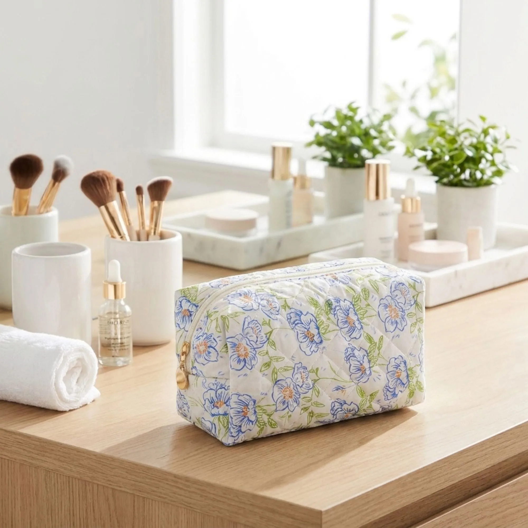 Floral Quilted Makeup Bag Travel Cosmetic Toiletry Pouch with Zipper Closure sold by Anna-Kaci product image thumbnail 2