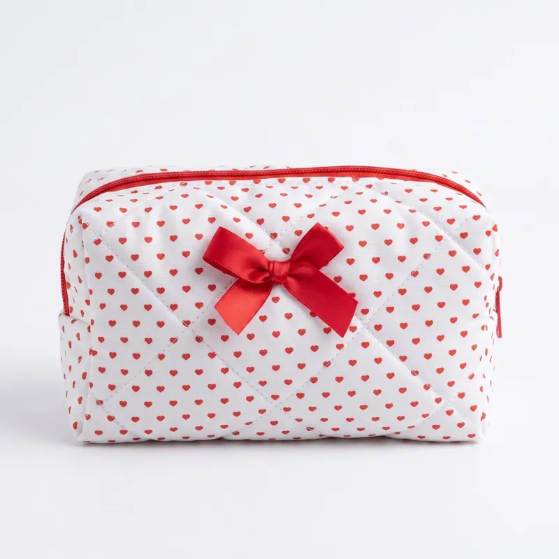 Womens Quilted Heart Print Makeup Bag with Bow Cosmetic Pouch made by Anna-Kaci