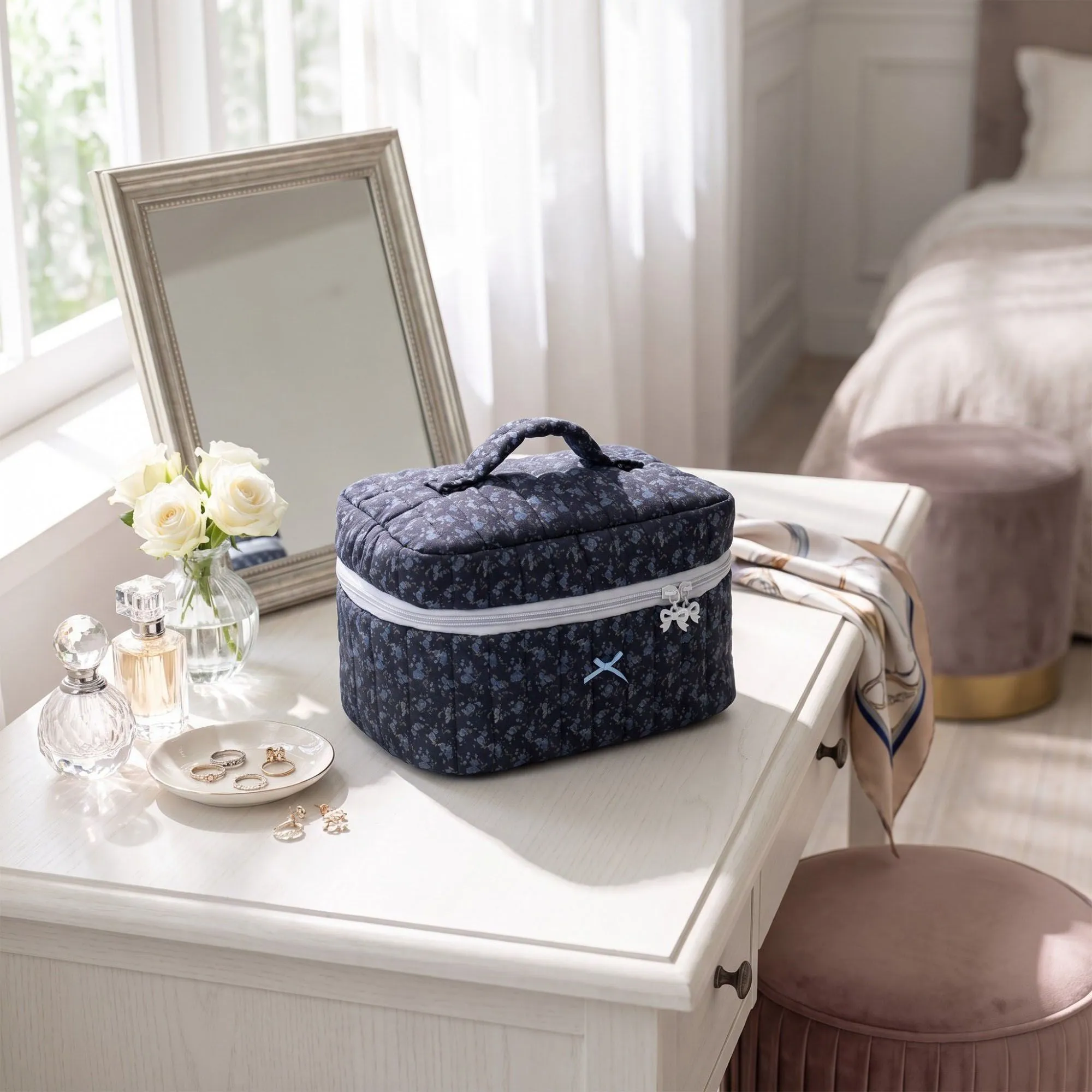 Quilted Floral Cosmetic Makeup Bag with Top Handle and Zip Closure sold by Anna-Kaci product image thumbnail 4