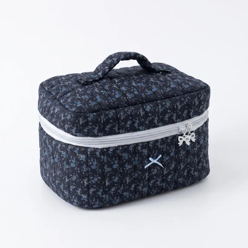Quilted Floral Cosmetic Makeup Bag with Top Handle and Zip Closure made by Anna-Kaci