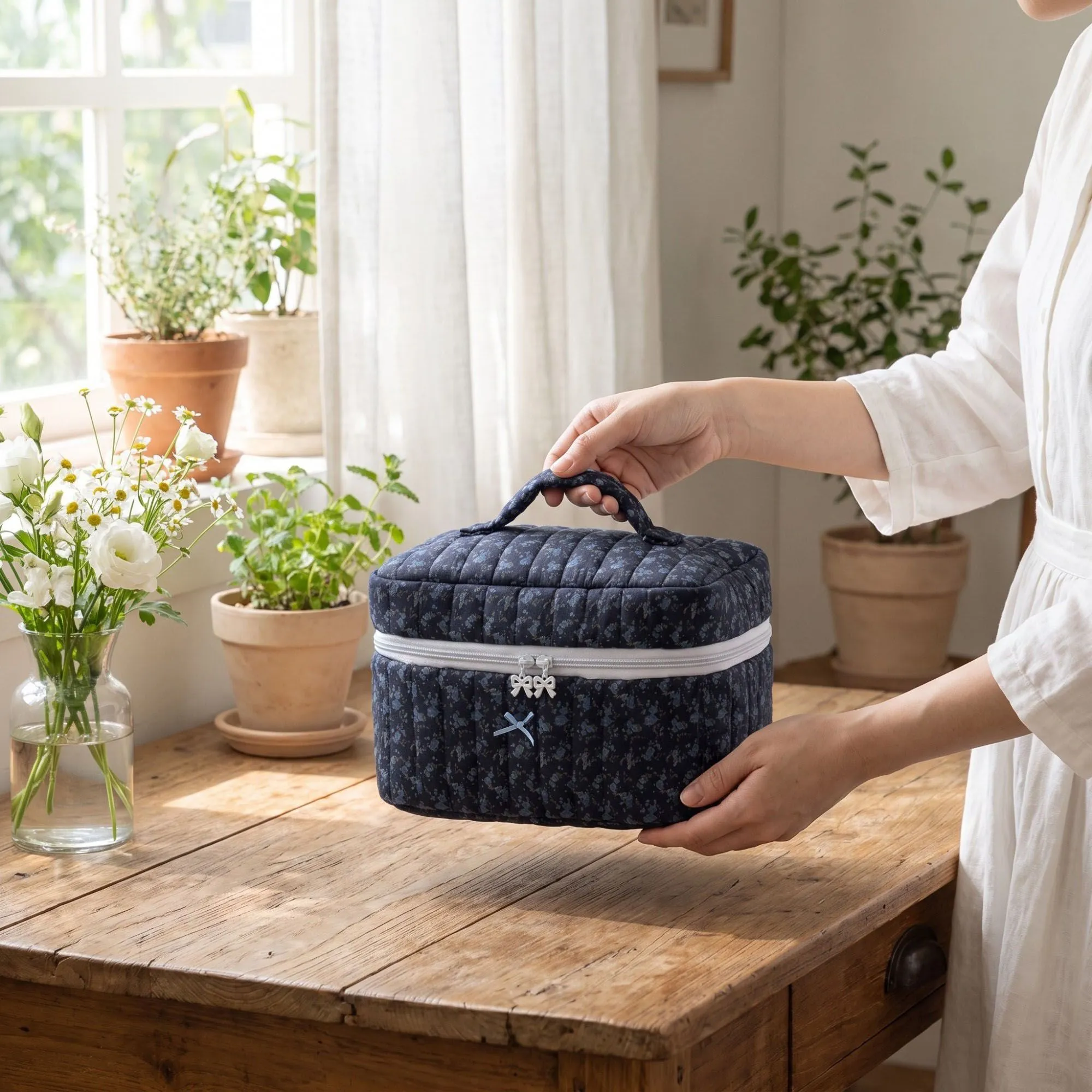 Quilted Floral Cosmetic Makeup Bag with Top Handle and Zip Closure sold by Anna-Kaci product image thumbnail 2