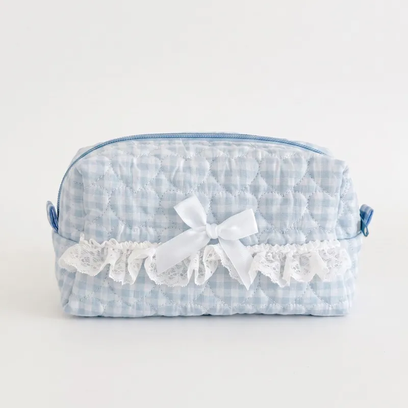 Womens Gingham Quilted Cosmetic Bag with Lace Bow Detail made by Anna-Kaci