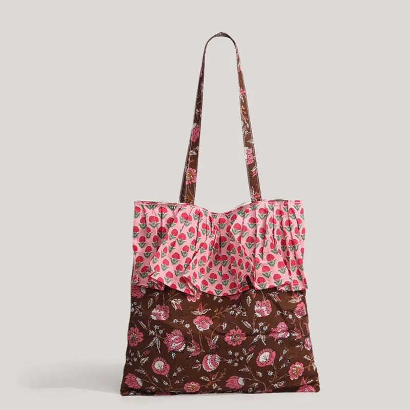Vintage Floral Print Canvas Tote Bag Ruffled Edge Shoulder Bag Cottagecore Casual Everyday Shopper made by Anna-Kaci