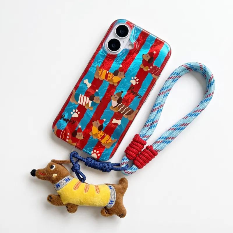 Dachshund Phone Case Wristlet Set Dog Print Case Plush Charm Strap made by Anna-Kaci