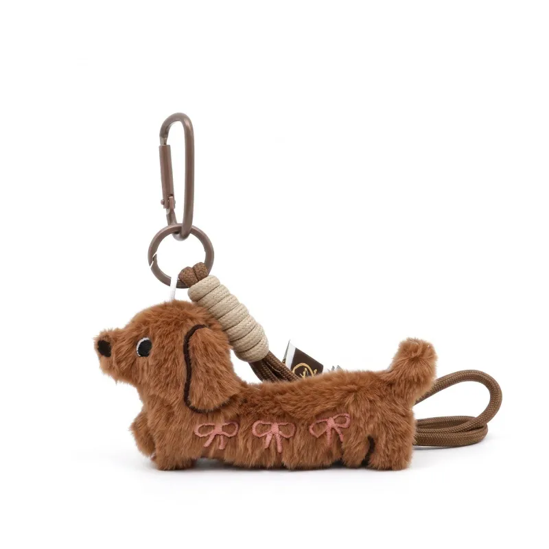 2-Piece Dachshund Plush Bag Charm Keychain Bow Embroidery Rope Loop Purse Accessory made by Anna-Kaci
