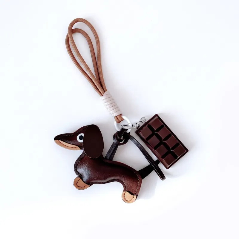 2-Piece Dachshund Dog Bag Charm Keychain Chocolate Bar Accent Rope Loop Purse Accessory made by Anna-Kaci