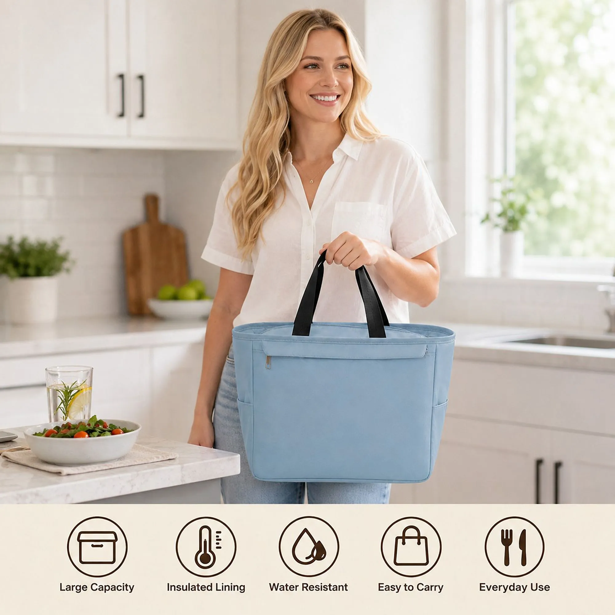 Insulated Tote Lunch Bag with Zipper Pockets and Long Handles sold by Anna-Kaci product image thumbnail 4