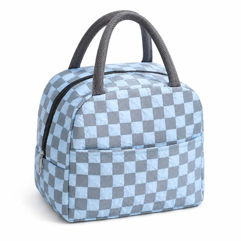 Checkered Insulated Lunch Bag Reusable Zipper Tote with Front Pocket made by Anna-Kaci