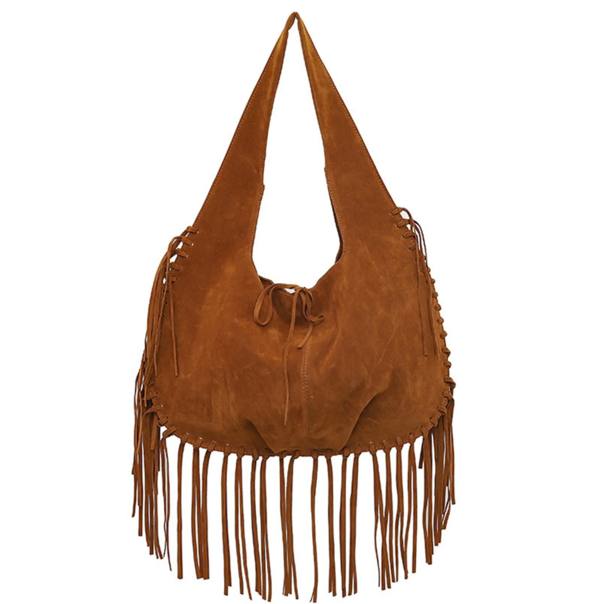 Slouchy Fringe Hobo Shoulder Bag with Tie Closure and Inner Pockets sold by Anna-Kaci