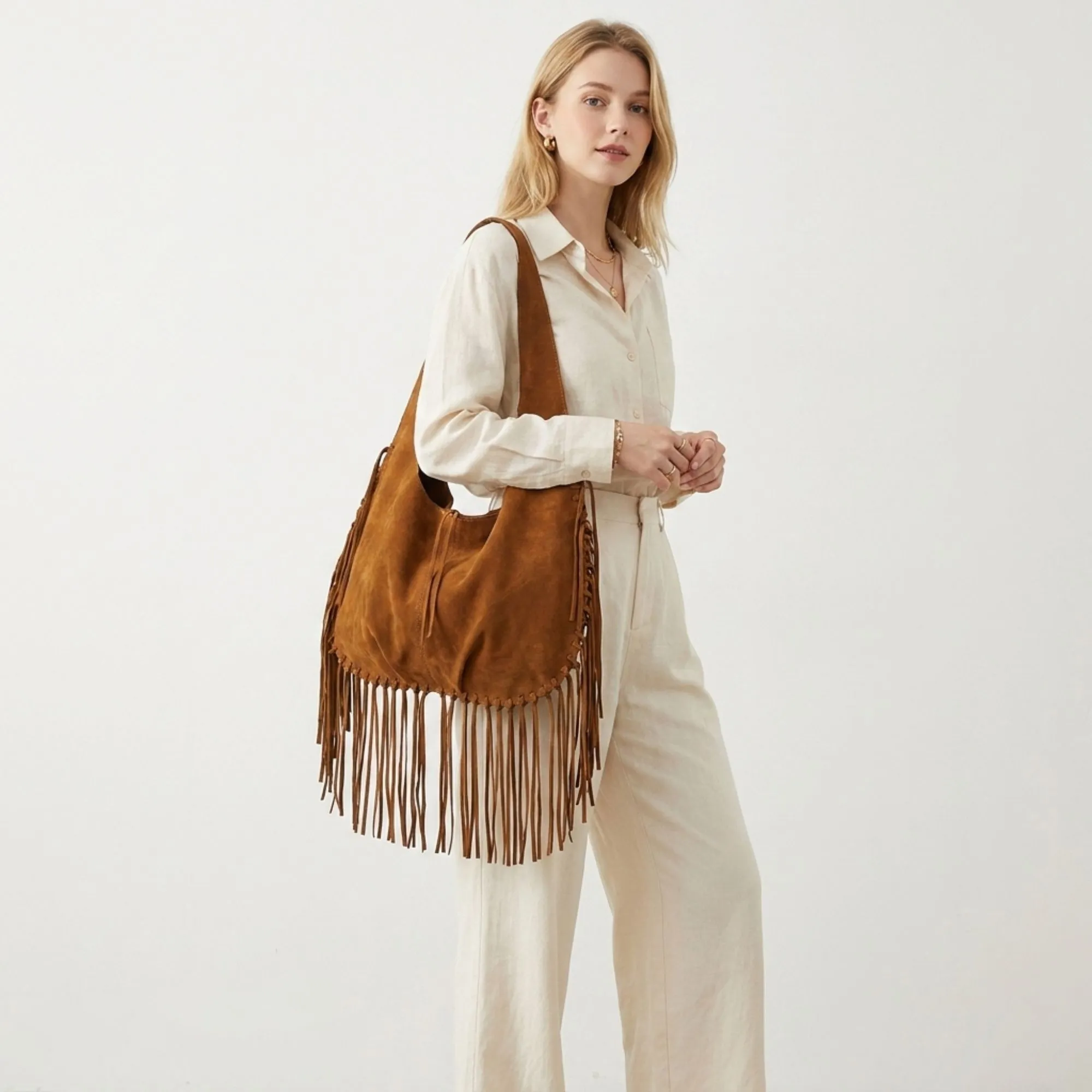 Slouchy Fringe Hobo Shoulder Bag with Tie Closure and Inner Pockets sold by Anna-Kaci product image thumbnail 2