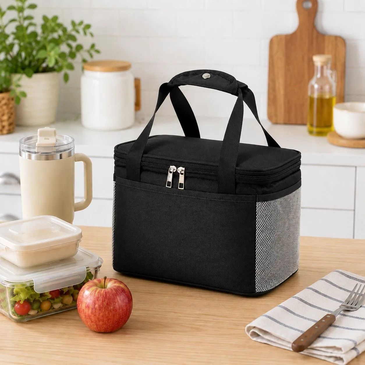 Insulated Lunch Tote Bag with Front Pocket Mesh Side Pockets and Dual Zipper sold by Anna-Kaci product image thumbnail 2