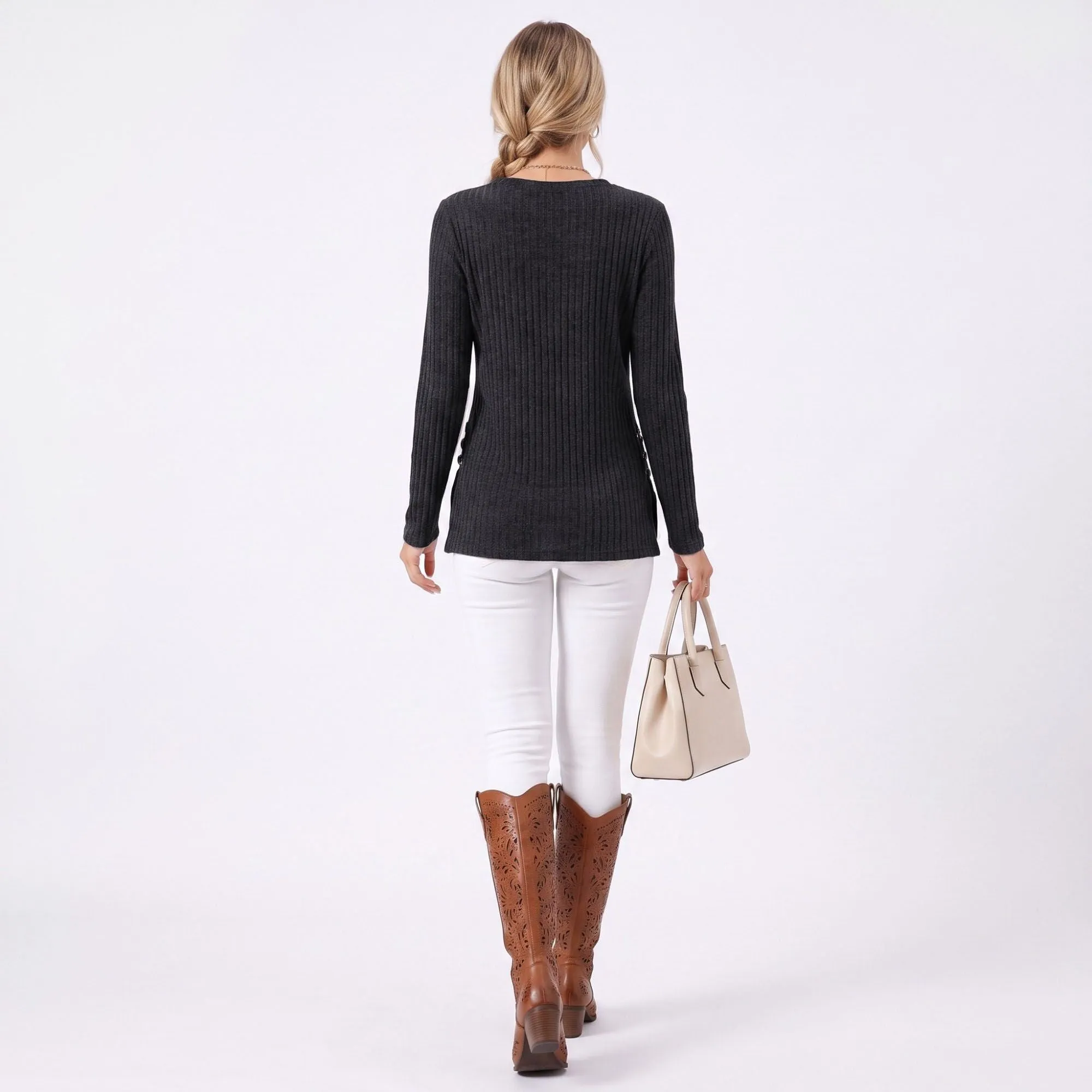 Ribbed Crew Neck Side Slit Long Sleeve Tunic Top sold by Anna-Kaci product image thumbnail 5