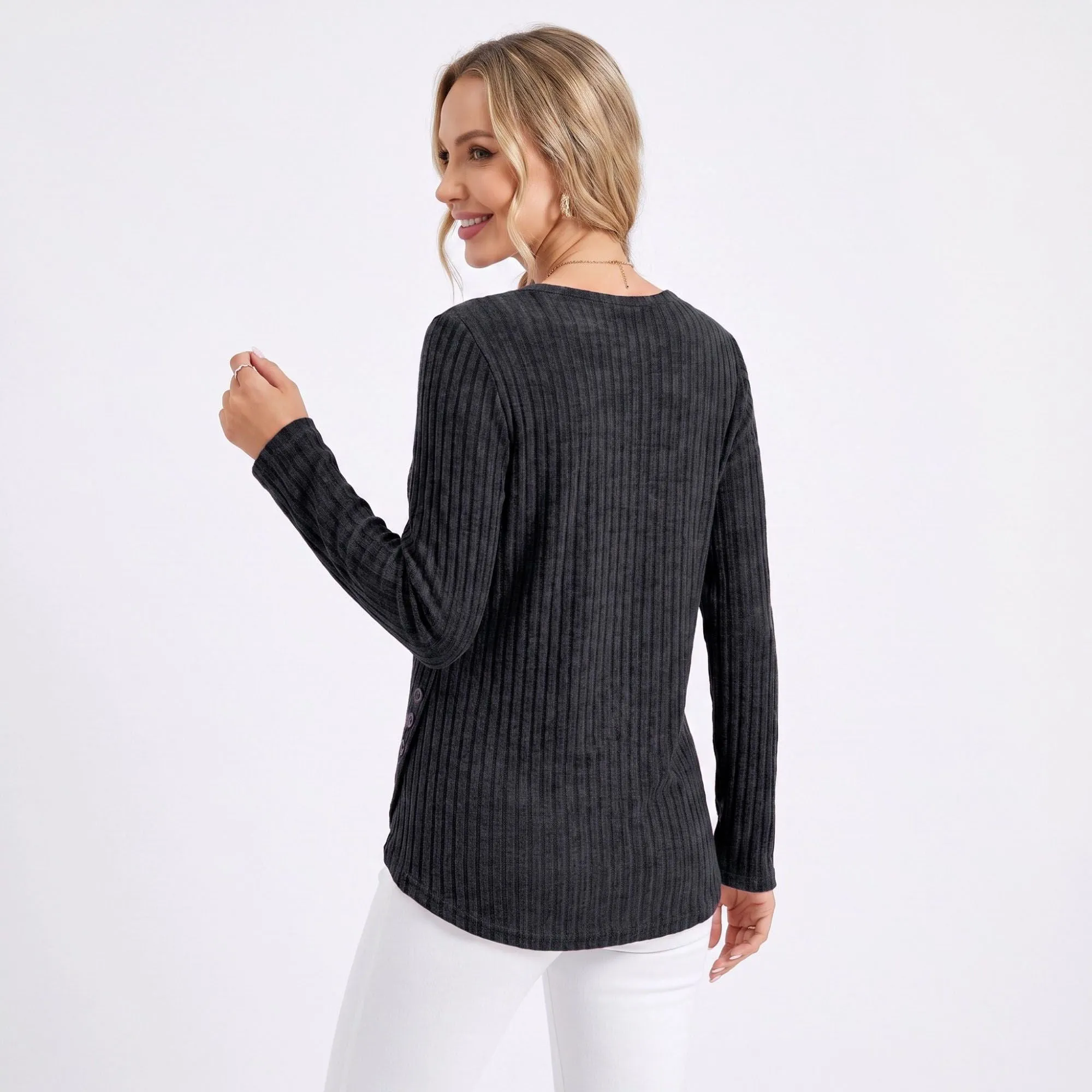 Ribbed Crew Neck Side Slit Long Sleeve Tunic Top sold by Anna-Kaci product image thumbnail 2