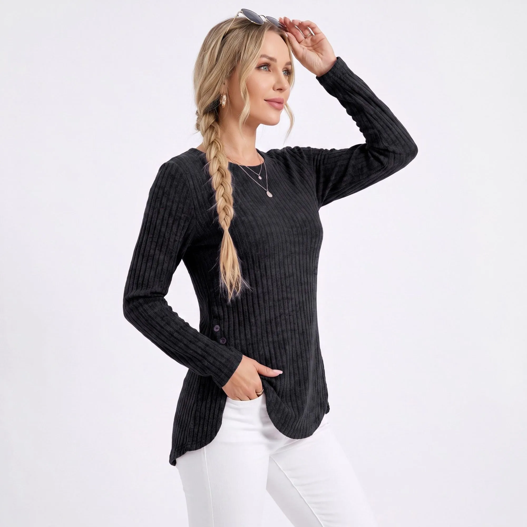 Ribbed Crew Neck Side Slit Long Sleeve Tunic Top sold by Anna-Kaci product image thumbnail 3