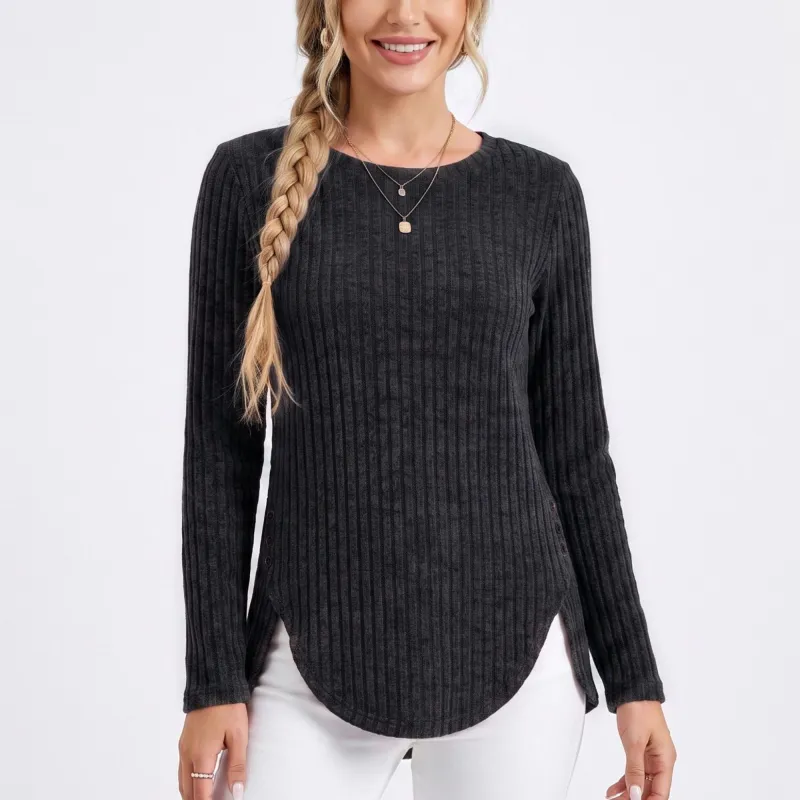 Ribbed Crew Neck Side Slit Long Sleeve Tunic Top made by Anna-Kaci