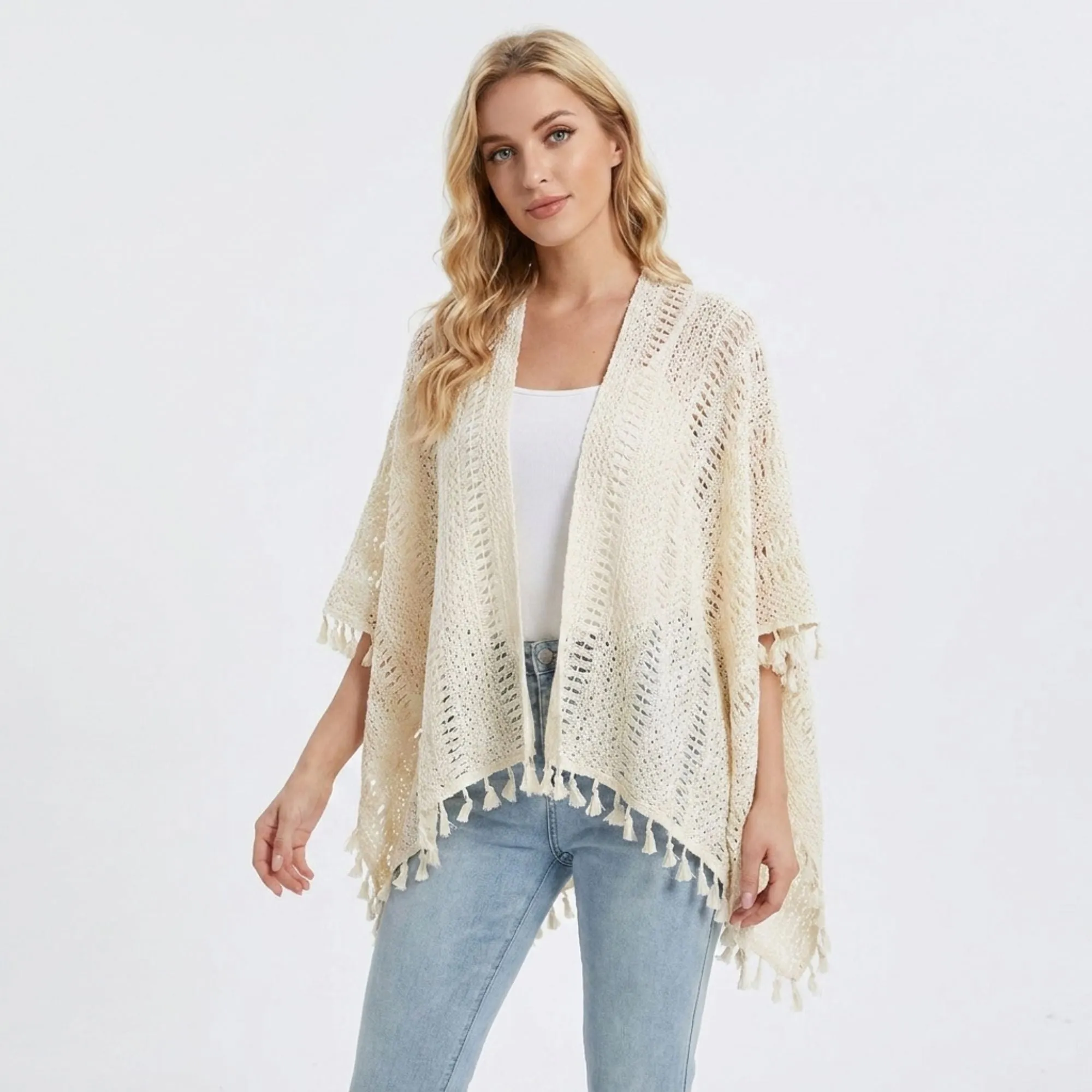 Open Knit Kimono Cover Up with Tassel Trim sold by Anna-Kaci product image thumbnail 2