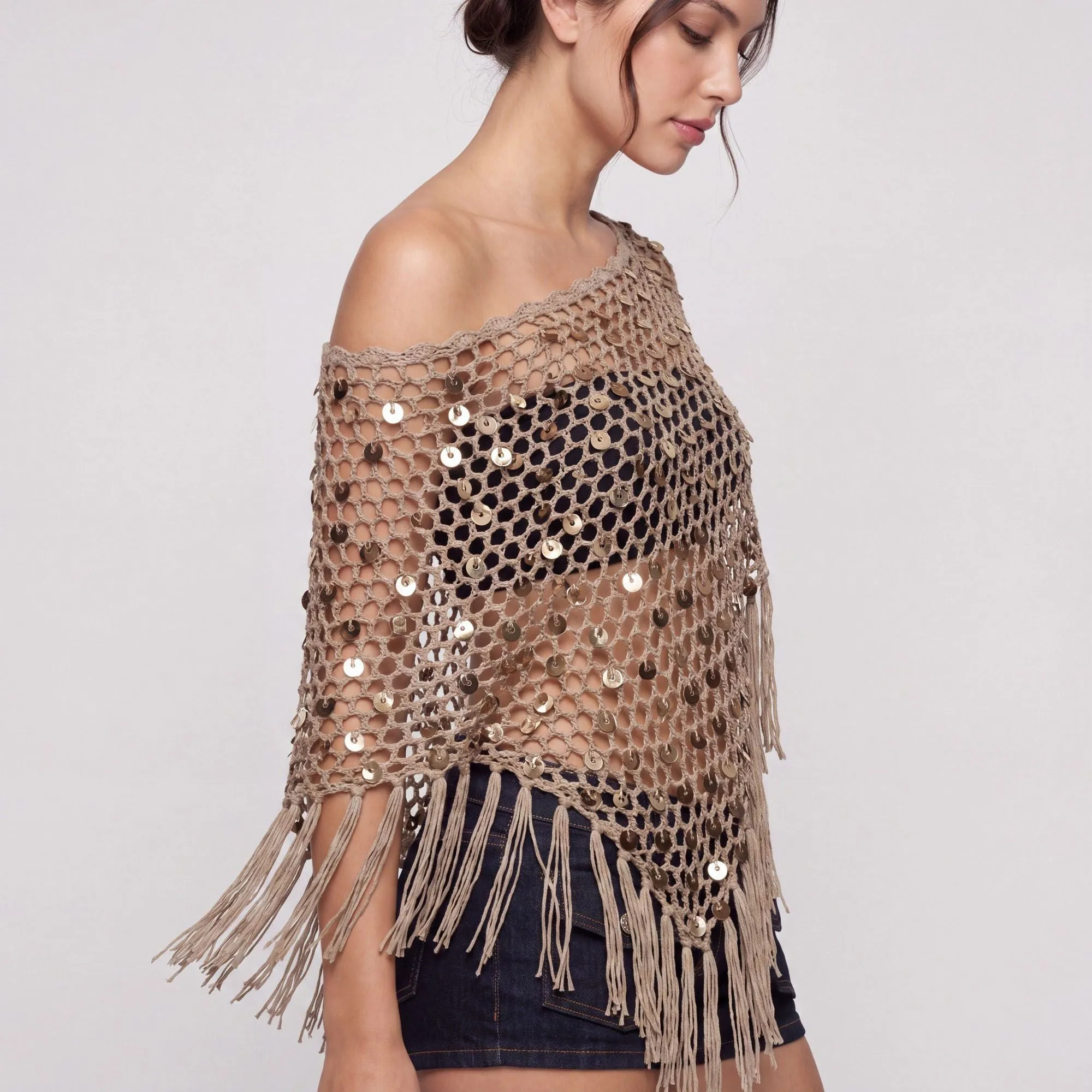 Open Knit Sequin Fringe Asymmetrical Poncho Shawl Cover Up with Draped One Shoulder Styling sold by Anna-Kaci product image thumbnail 3