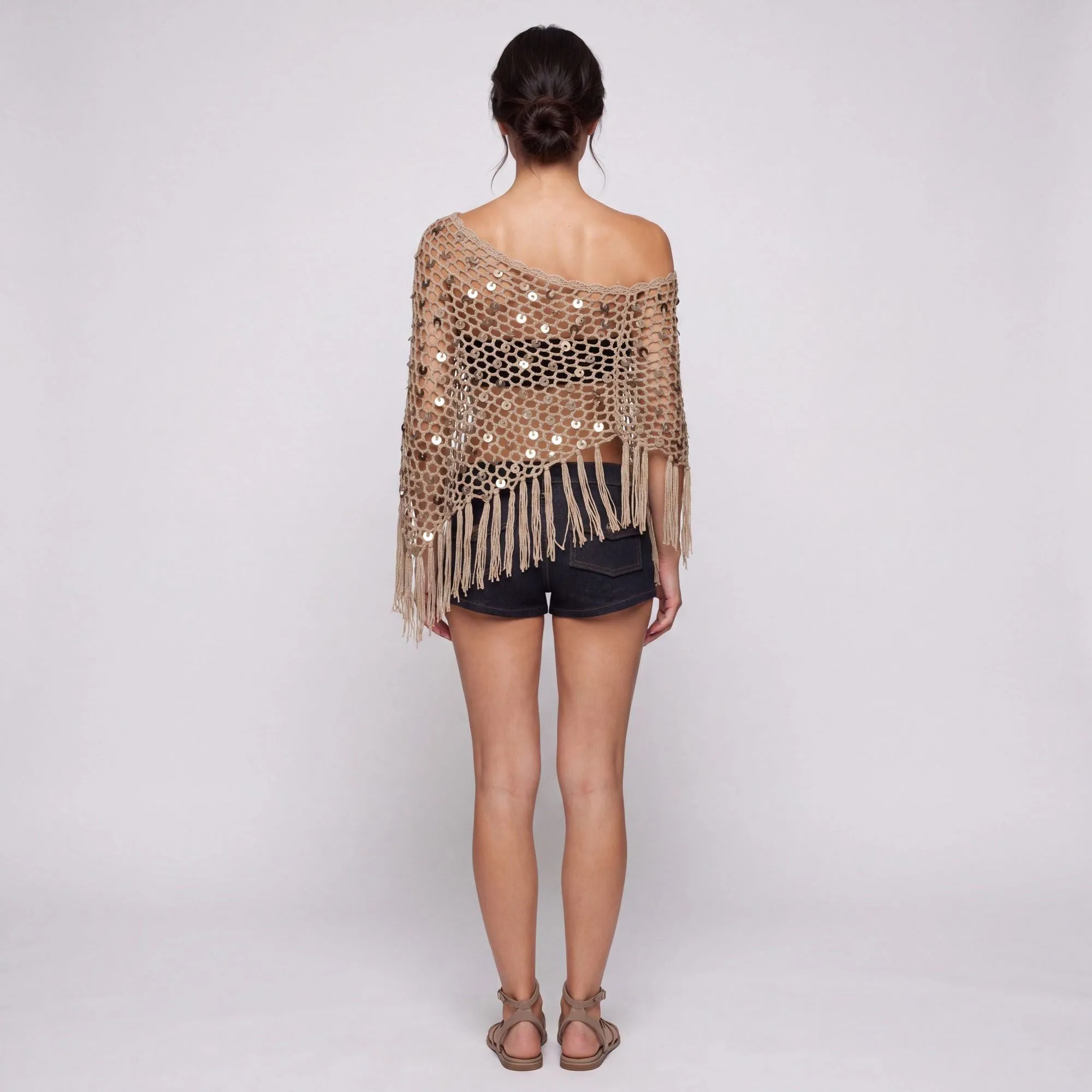 Open Knit Sequin Fringe Asymmetrical Poncho Shawl Cover Up with Draped One Shoulder Styling sold by Anna-Kaci product image thumbnail 4