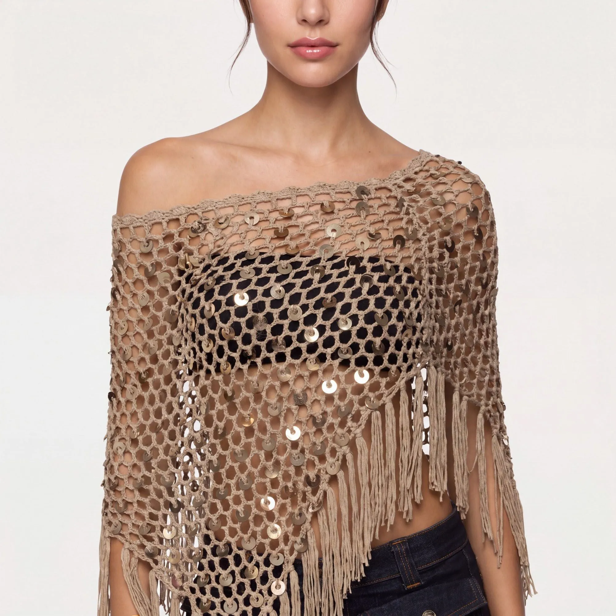 Open Knit Sequin Fringe Asymmetrical Poncho Shawl Cover Up with Draped One Shoulder Styling sold by Anna-Kaci