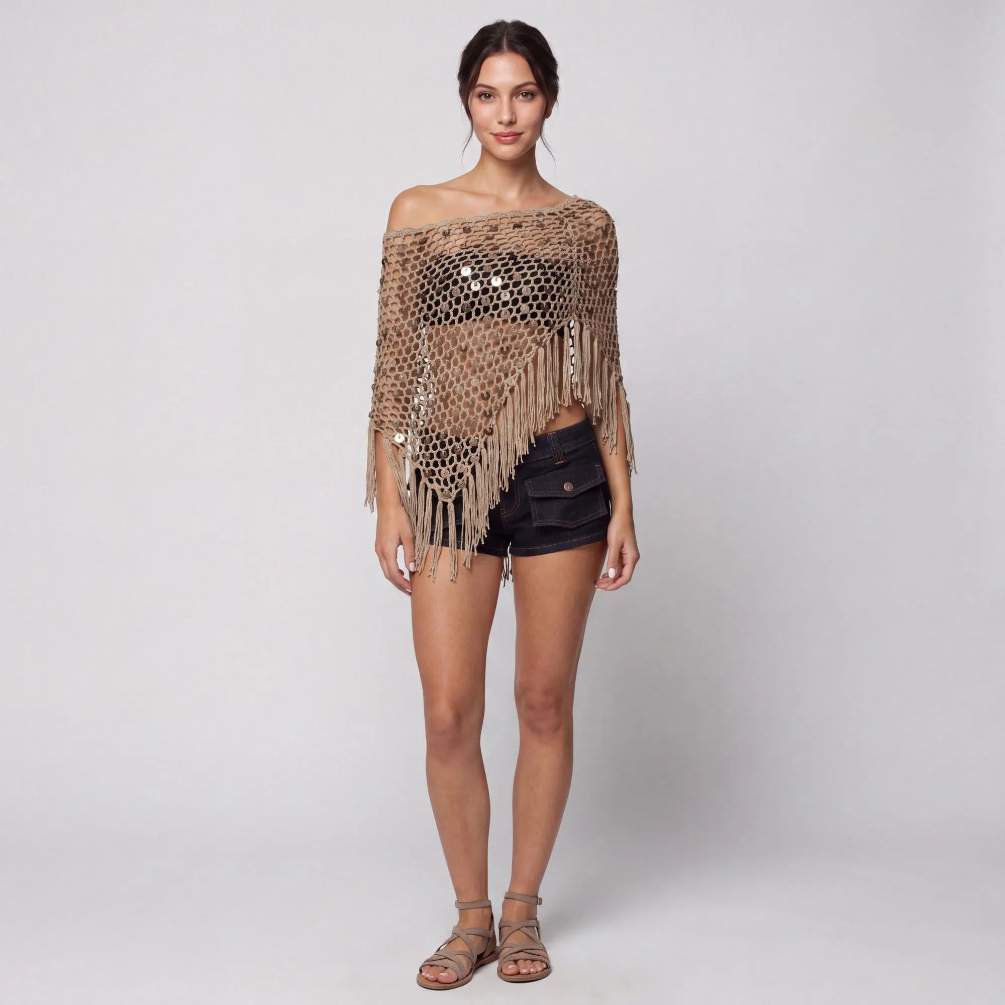 Open Knit Sequin Fringe Asymmetrical Poncho Shawl Cover Up with Draped One Shoulder Styling sold by Anna-Kaci product image thumbnail 2