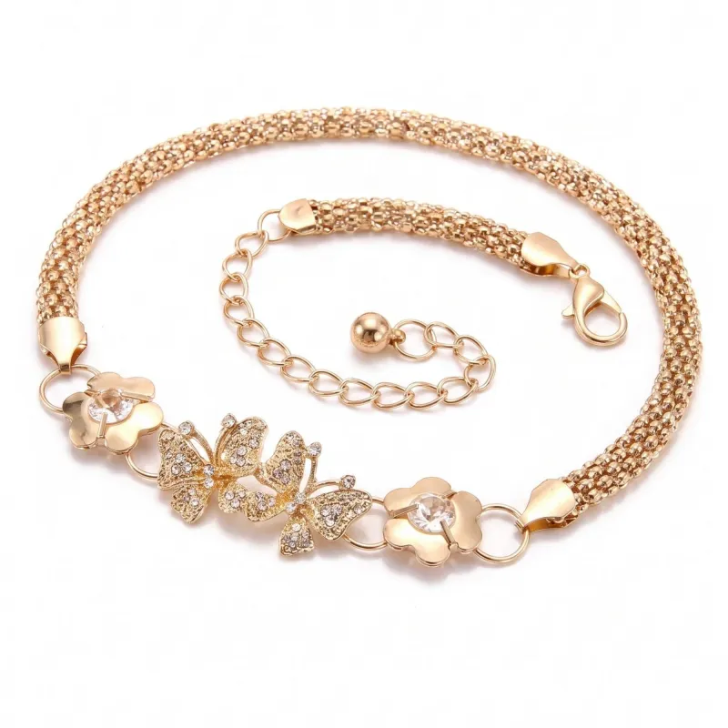 Rhinestone Butterfly Floral Mesh Metal Waist Chain Adjustable Glam Statement Waist Jewelry 43.3in made by Anna-Kaci