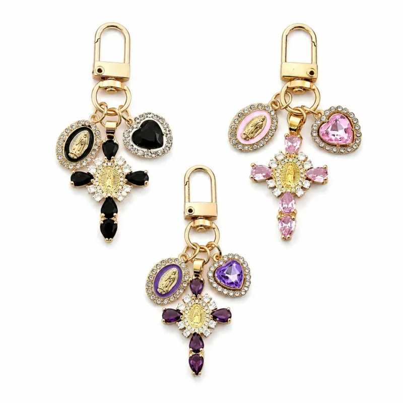 3pc Cross Keychain Bag Charm with Rhinestone Heart Pendant and Medallion Accent made by Anna-Kaci