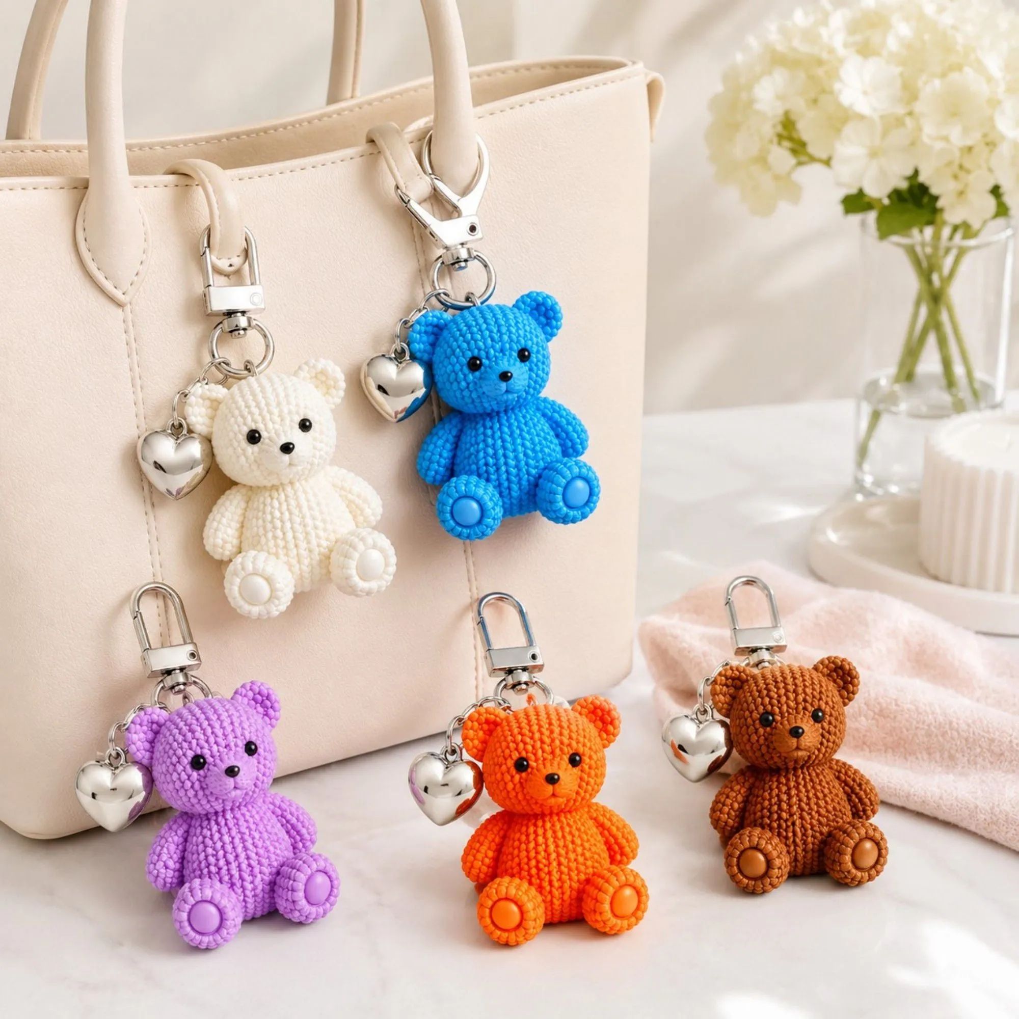 5pc Teddy Bear Keychain Bag Charms with Heart Pendant Clip for Bags Backpacks and Keys sold by Anna-Kaci product image thumbnail 2