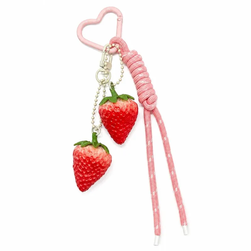 3D Strawberry Bag Charm Keychain with Heart Clasp and Braided Cord Tails made by Anna-Kaci