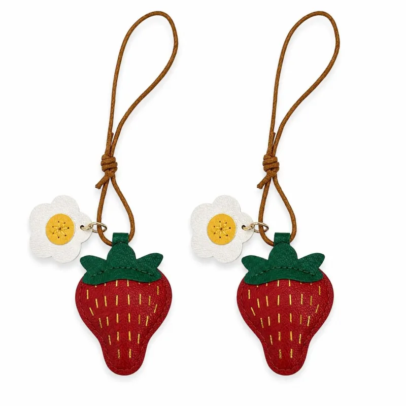 2-Pack Stitched Strawberry Bag Charm Keychains with Daisy Accents and Cord Loops made by Anna-Kaci