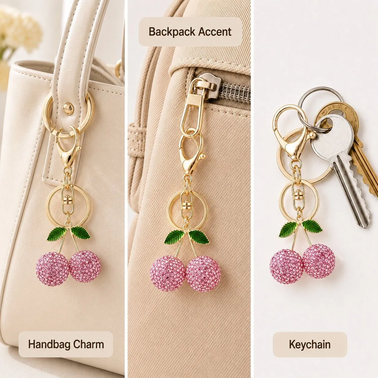 Rhinestone Cherry Bag Charm Keychain with Gold-Tone Lobster Clasp sold by Anna-Kaci product image thumbnail 3