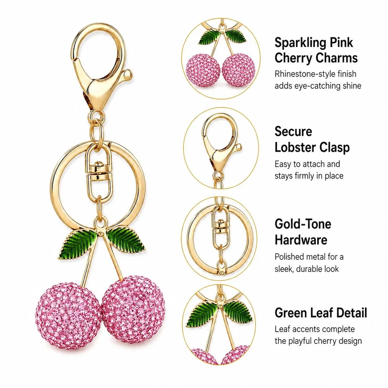 Rhinestone Cherry Bag Charm Keychain with Gold-Tone Lobster Clasp sold by Anna-Kaci product image thumbnail 4