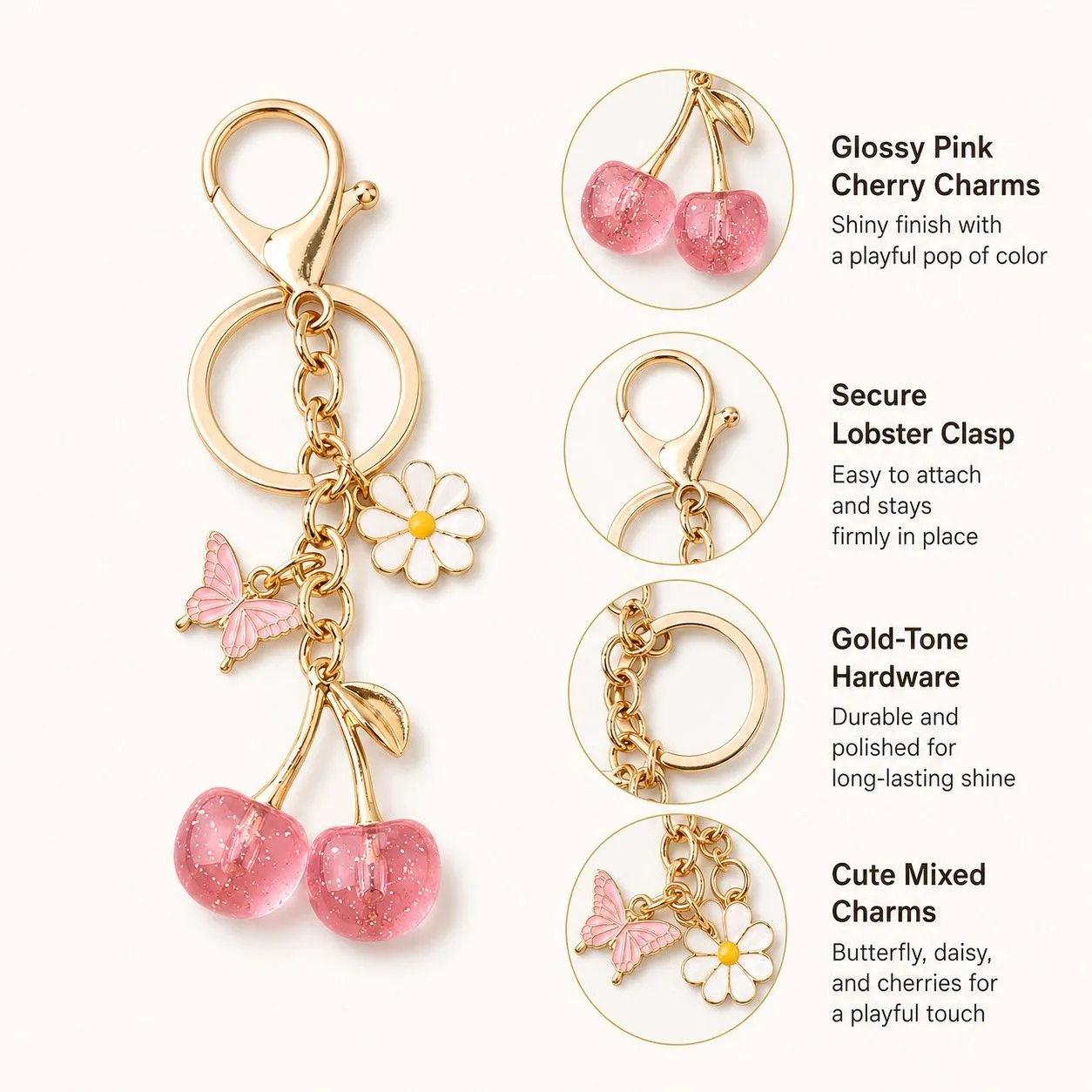 Cherry Bag Charm Keychain with Daisy and Butterfly Accents and Gold-Tone Clip sold by Anna-Kaci product image thumbnail 4