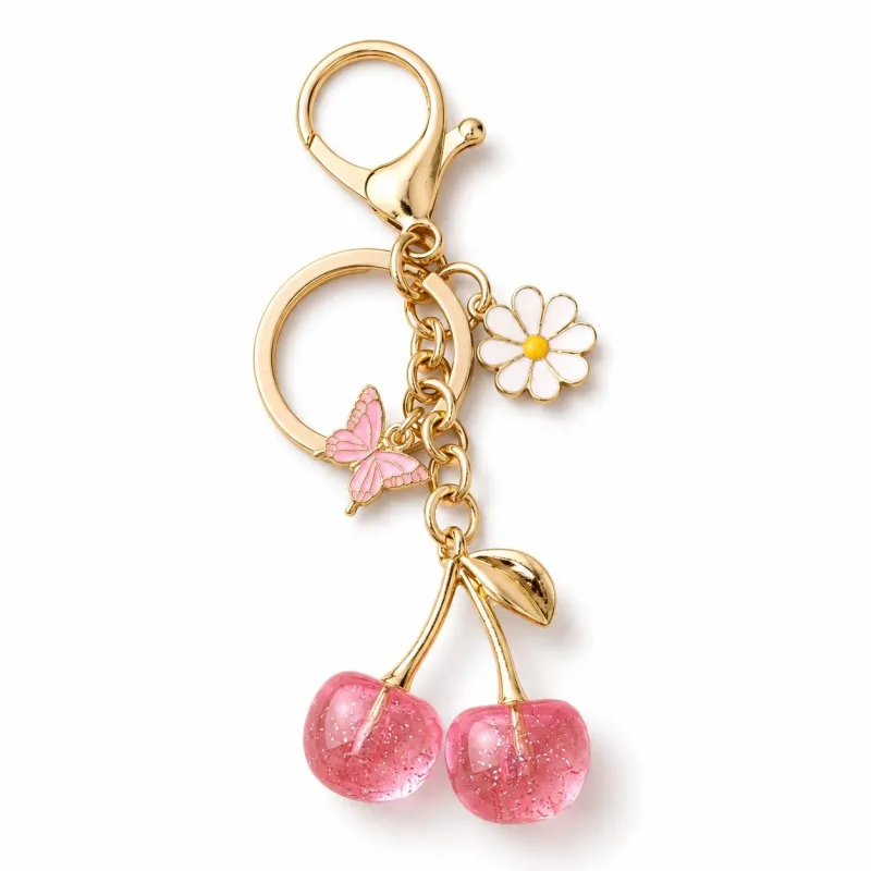 Cherry Bag Charm Keychain with Daisy and Butterfly Accents and Gold-Tone Clip made by Anna-Kaci
