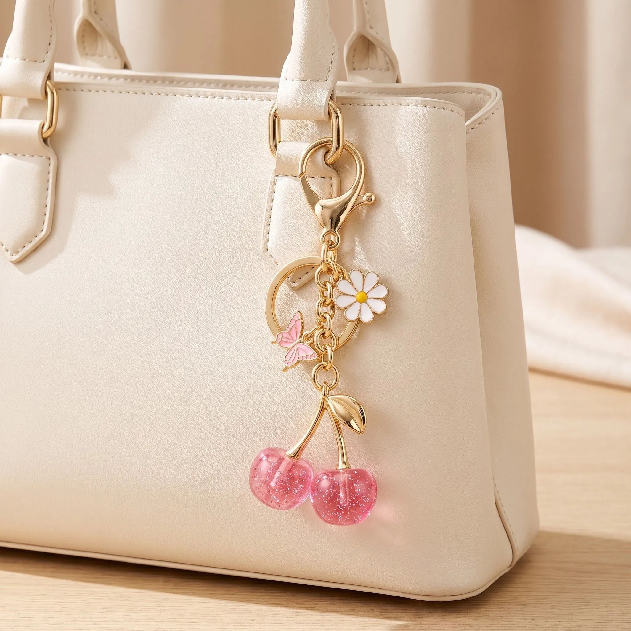 Cherry Bag Charm Keychain with Daisy and Butterfly Accents and Gold-Tone Clip sold by Anna-Kaci product image thumbnail 2