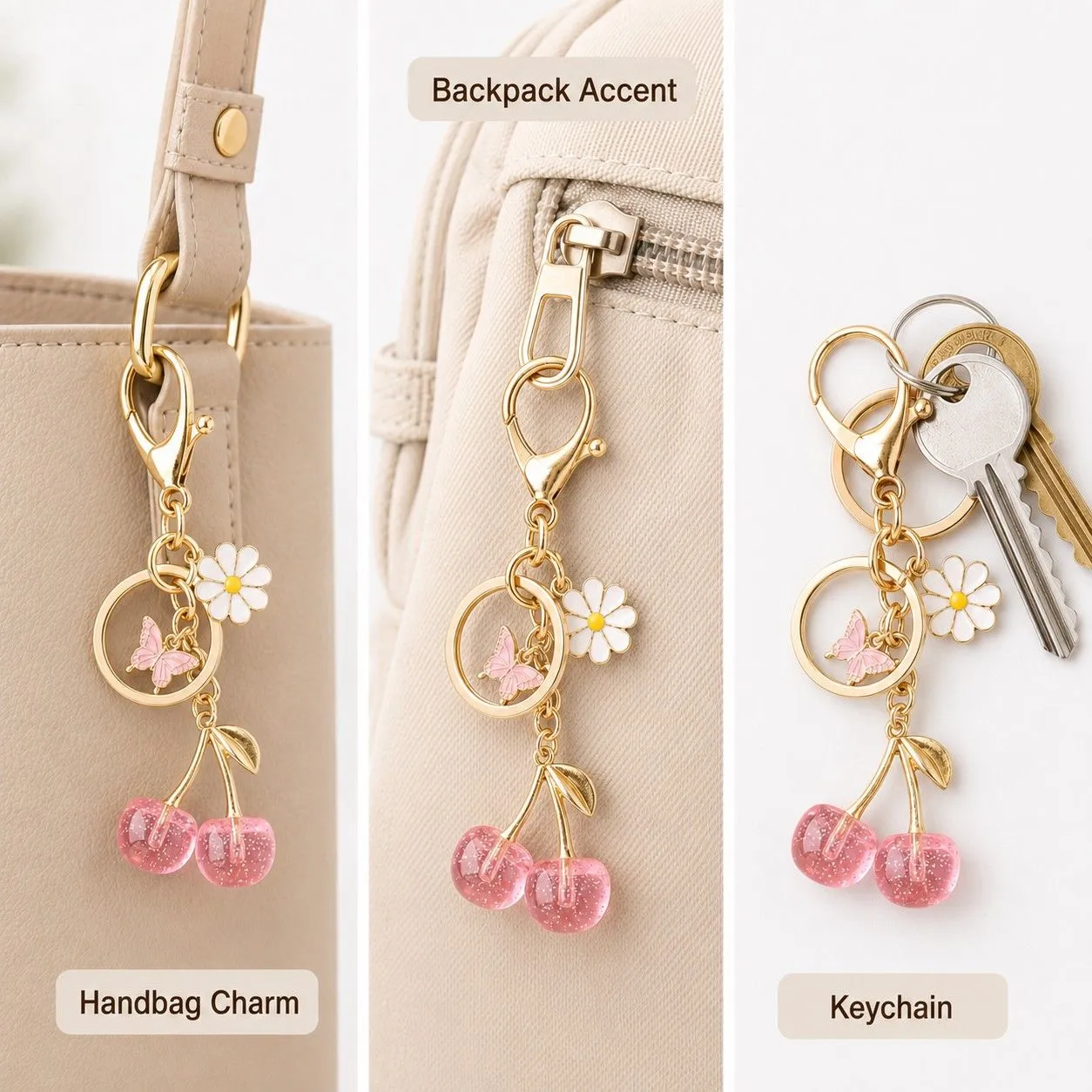 Cherry Bag Charm Keychain with Daisy and Butterfly Accents and Gold-Tone Clip sold by Anna-Kaci product image thumbnail 3